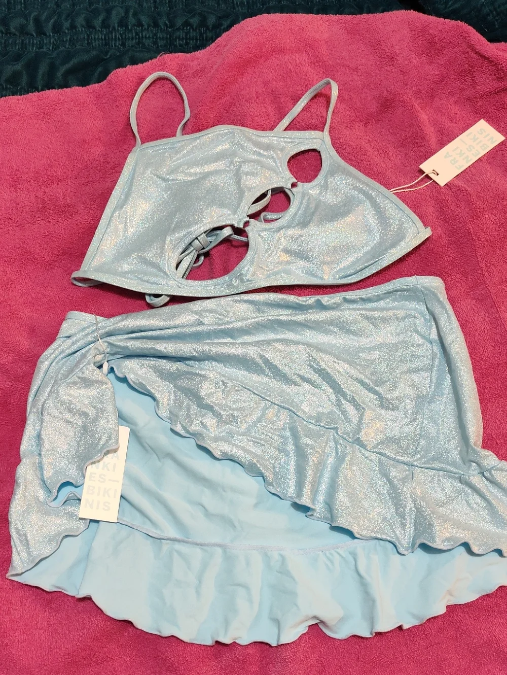 Frankie's Bikinis Light Blue Shimmer Top And Skirt